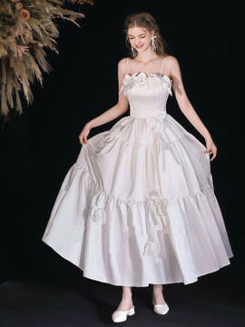 Shop 2025 ANNAKOO Satin Flower Spaghetti Straps A Line Wedding Dress Under 167