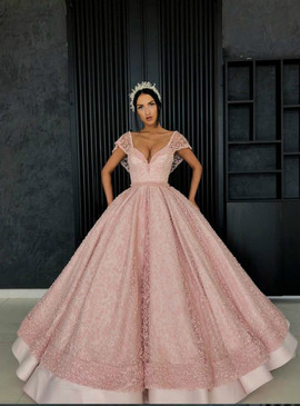 Sweetheart Floor Length Ball Gown Pink Lace Sweet 16 Dress With Pocket