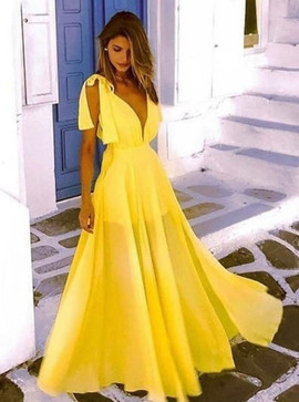Long A-Line V-Neck Low Cut  Yellow Chiffon Prom Party Dress
