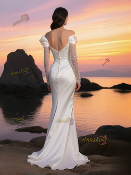 Shop 2025 ANNAKOO Off The Shoulder Long Sleeve Satin Pearls Trumpet Mermaid Wedding Dress Under 219