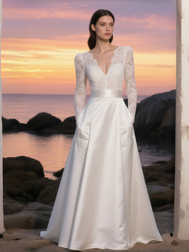 Shop 2025 ANNAKOO Lace Long Sleeve V Neck Satin A Line Wedding Dress Under 188