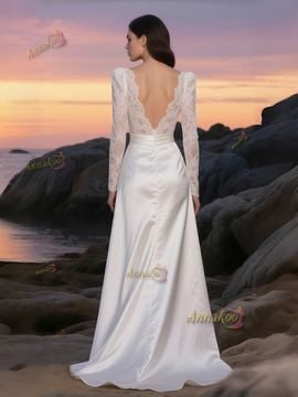 Shop 2025 ANNAKOO Lace Long Sleeve V Neck Satin A Line Wedding Dress Under 188