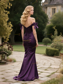Shop 2025 ANNAKOO Grape Satin Off The Shoulder Tie Sleeves Trumpet Mermaid Prom Dress Under 178