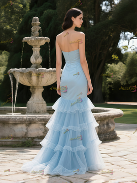 Shop 2025 ANNAKOO Blue Ruched Trumpet Mermaid Ruffles Prom Dress Under 189