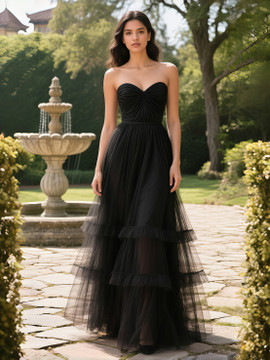 Shop 2025 ANNAKOO Black Strapless Tulle A Line Ruffles Prom Dress Under 149