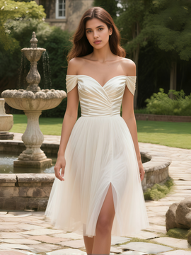 Shop 2025 ANNAKOO Satin & Tulle A Line Off The Shoulder Knee Length Wedding Dress Under 119