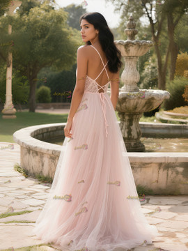 Shop 2025 ANNAKOO Pink Spaghetti Straps V Neck A Line Tulle Prom Dress Under 189