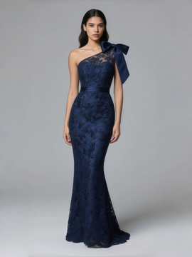 Shop 2025 ANNAKOO One Shoulder Lace Satin Trumpet Mermaid Navy Prom Dress Under 189