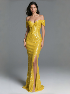 Shop 2025 ANNAKOO Yellow Off The Shoulder Sequin Corset Trumpet Mermaid Prom Dress With Slit Under 159
