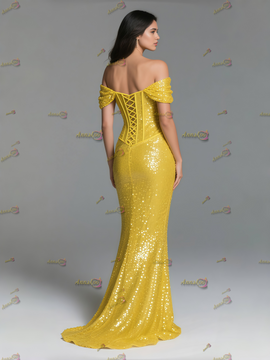 Shop 2025 ANNAKOO Yellow Off The Shoulder Sequin Corset Trumpet Mermaid Prom Dress With Slit Under 159
