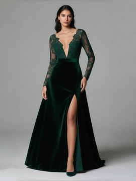 Shop 2025 ANNAKOO Green Lace Long Sleeve Deep V Neck A Line Velvet Prom Dress Under 159