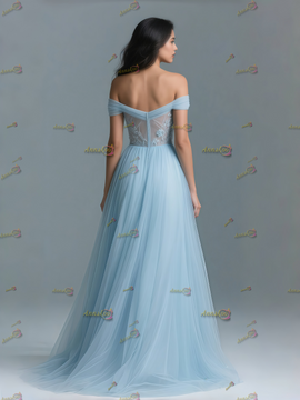 Shop 2025 ANNAKOO Light Blue Off The Shoulder Appliques Tulle Prom Dress With Slit Under 159