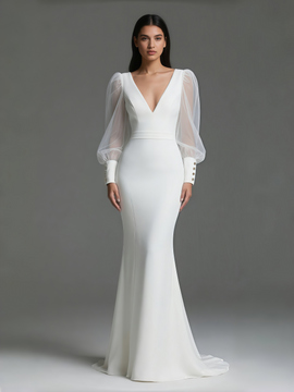 Shop 2025 ANNAKOO Long Sleeve V Neck Button Chiffon Mermaid Wedding Dress Under 199