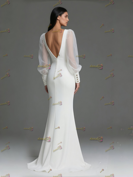 Shop 2025 ANNAKOO Long Sleeve V Neck Button Chiffon Mermaid Wedding Dress Under 199