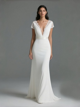 Shop 2025 ANNAKOO Cap Sleeve Lace Chiffon Sheath Column Wedding Dress Under 178