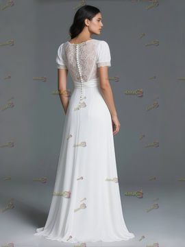 Shop 2025 ANNAKOO Short Sleeve V Neck Chiffon A Line Wedding Dress Under 167