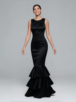 Shop 2025 ANNAKOO Black Scoop Trumpet Mermaid Ruffles Satin Prom Dress Under 169