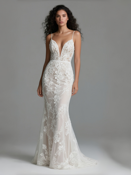 Shop 2025 ANNAKOO Spaghetti Straps V Neck Lace Trumpet Mermaid Wedding Dress Under 199