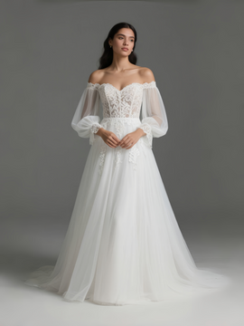 Shop 2025 ANNAKOO Off The Shoulder Long Sleeve Tulle White Wedding Dress Under 199