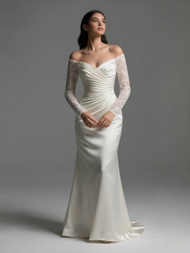 Shop 2025 ANNAKOO Lace Long Sleeve Off The Shoulder Satin Ruched Mermaid Wedding Dress Under 189