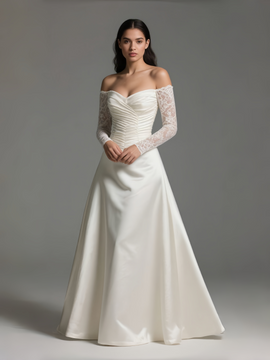 Shop 2025 ANNAKOO Lace Long Sleeve Off The Shoulder A Line Satin Wedding Dress Under 189