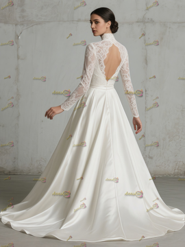 Shop 2025 ANNAKOO High Neck Satin Long Sleeve Keyhole Backless Wedding Dress Under 178