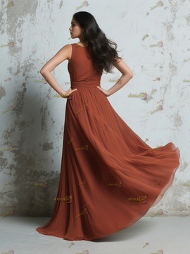 Shop 2025 ANNAKOO Ruched Scoop Brown Chiffon Bridesmaid Dress With Slit Under 129