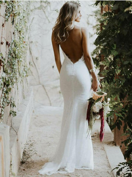 Lace Mermaid Spaghetti Straps Low Cut Backless Wedding Dress