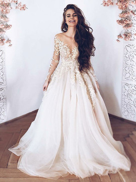 Champagne Appliques Tulle A-Line Illusion Long Sleeves Light Wedding Dress