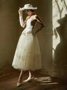 Shop 2025 ANNAKOO Satin Strapless Tea Length Appliques Wedding Dress Under 189