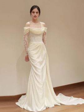 Shop 2025 ANNAKOO Off The Shoulder Satin Mermaid Long Sleeve Wedding Dress Under 198