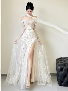 Shop 2025 ANNAKOO Off The Shoulder A Line Lace Wedding Dress With Slit Under 159