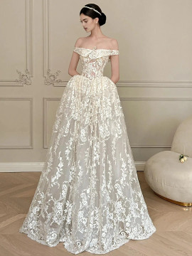 Shop 2025 ANNAKOO Off The Shoulder Lace A Line Bow Wedding Dress Under 169