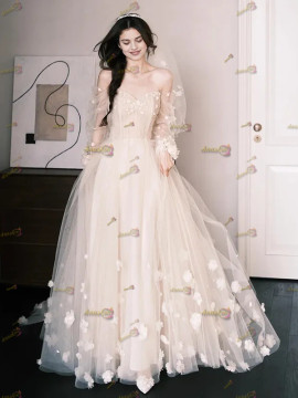 Off The Shoulder Flower Tulle Long Sleeve Wedding Dress