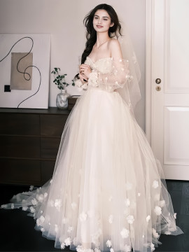 Shop 2025 ANNAKOO Off The Shoulder Flower Tulle Long Sleeve Wedding Dress Under 169