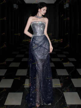 Shop 2025 ANNAKOO Navy Sparkle Sheath Column Tulle Prom Dress Under 159