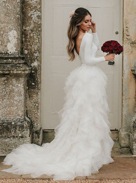 Backless Tulle A-Line  Asymmetric Train Wedding Dress with Long Sleeves