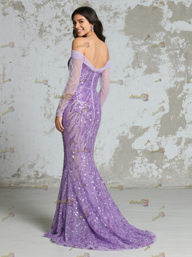 Shop 2025 ANNAKOO Purple Off The Shoulder Long Sleeve Sequin Prom Dress Under 199