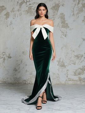 Shop 2025 ANNAKOO Velvet Trumpt Mermaid Bow Off The Shoulder Prom Dress Under 149