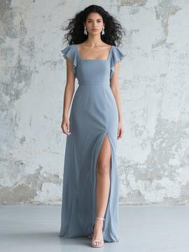 Shop 2025 ANNAKOO Gray Blue Ruffles Sleeves Sheath Column Prom Dress With Slit Under 95