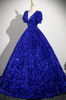 Shop 2025 ANNAKOO Royal Blue Sequin V Neck Puffy Sleeve Prom Dress Under 169