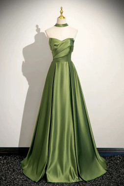 Shop 2025 ANNAKOO Green Satin Ruched A Line Lace Up Shawl Pom Dress Under 139