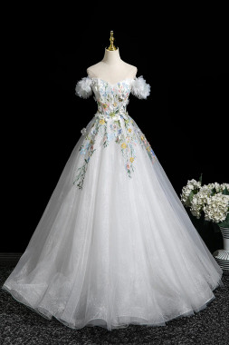 Shop 2025 ANNAKOO Off The Shoulder White Floral Tulle Prom Dress Under 179