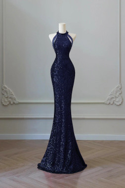 Shop 2025 ANNAKOO Navy Blue High Neck Sequin Trumpet Mermaid Prom Dress Under 139