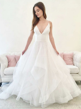Asymmetrical Train A-Line V-Neck Tulle Wedding Dress