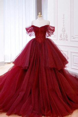 Shop 2025 ANNAKOO Off The Shoulder Tulle Beading Burgundy Ruffles Prom Dress Under 169
