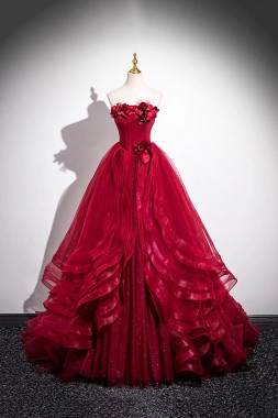 Shop 2025 ANNAKOO Burgundy Strapless Layer Tulle Layer FlowerProm Dress Under 219