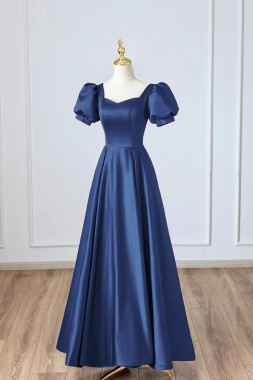 Shop 2025 ANNAKOO A-Line Short Sleeve Navy Satin Long Prom Dress Under 119