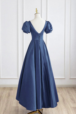 Shop 2025 ANNAKOO A-Line Short Sleeve Navy Satin Long Prom Dress Under 119