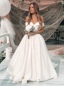 Pleated Satin A-Line Off-the-Shoulder Wedding Dress